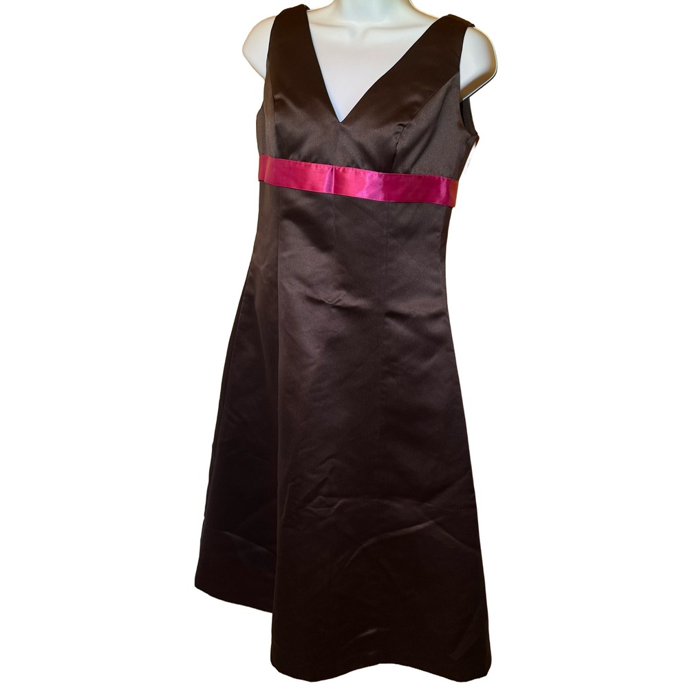 After Six Brown Satin Formal Cocktail Dress Pink Sash Empire Waist Size 4